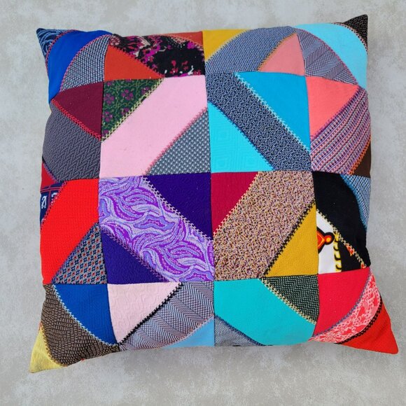 Vintage Crazy Quilt Throw Pillow Polyester 18x18 Handmade Patchwork Embroidered - Picture 4 of 16